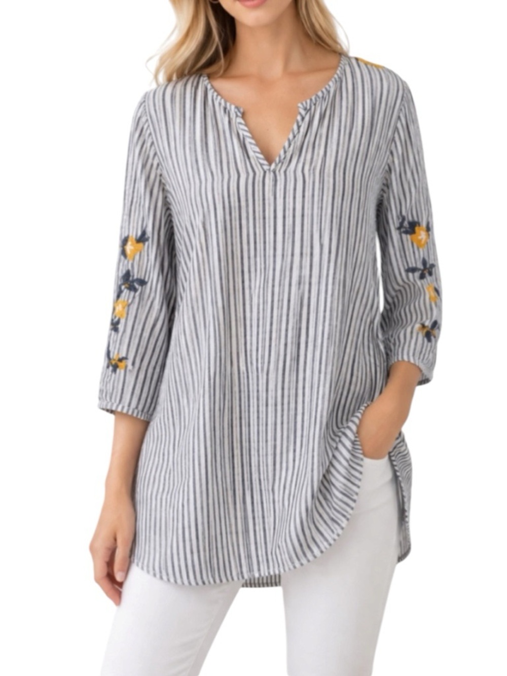 J. Jill Blue and White Striped V Neck Floral Embroidered 3/4 Sleeve Tunic Top